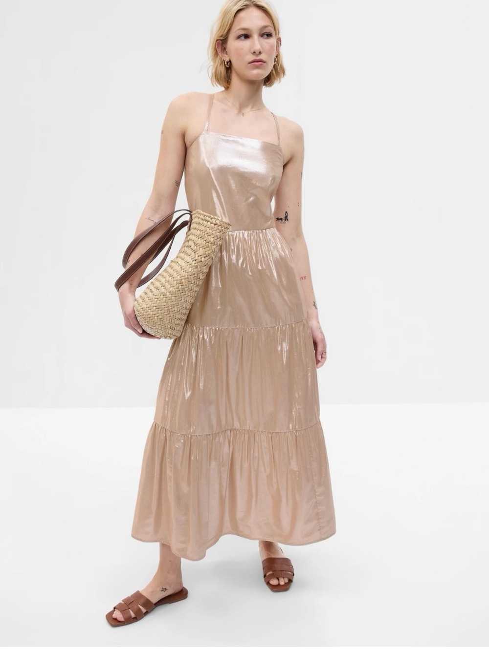 GAP Metallic Tie-Back Tiered Maxi Dress size S